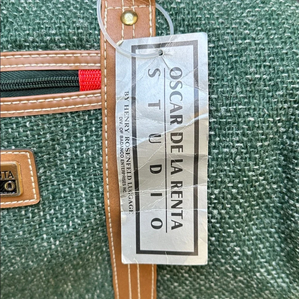 Oscar de La Renta Studio small duffel green tweed with tan straps & luggage tag